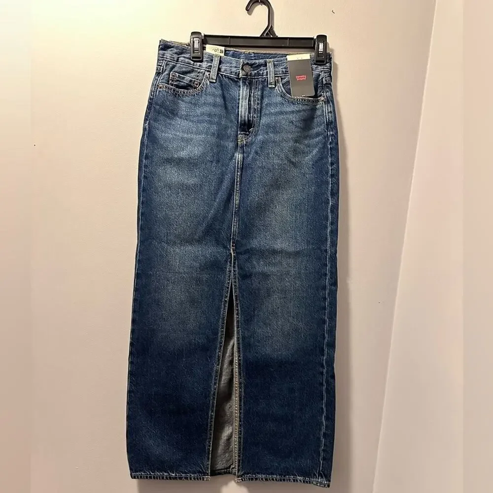 Levis Blue Denim Maxi Skirt size 25 slit in front - Picture 3 of 8